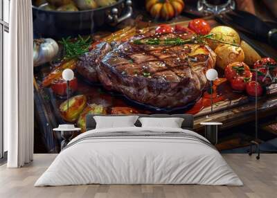 Beef rib eye steak with roasted potato and vegetables Wall mural