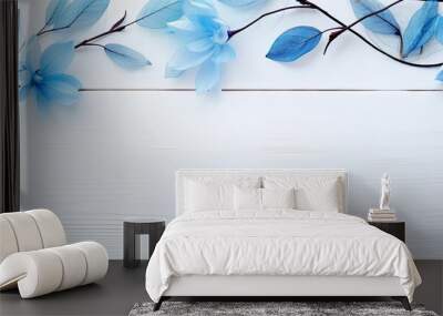 blue beauty product gel and leaf buds on white wood table. copy space available Wall mural