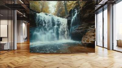 Blurred motion of a beautiful waterfall in natural landscape with trees and rushing water Wall mural