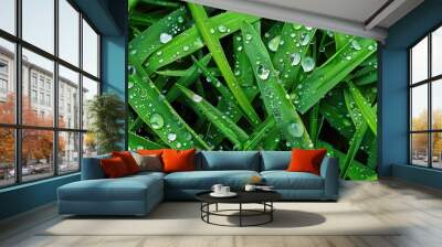 Close up shot of raindrops on grass with copy space image Wall mural