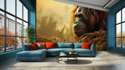 endangered orang utan displaced by land clearing for palm sugar. copy space available Wall mural