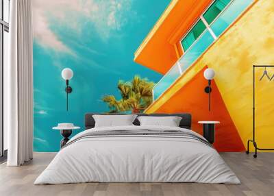 Fashion tropical minimal location Orange Hotel and Palm Blue summer sky Canary islands Travel aesthetics wallpaper Wall mural