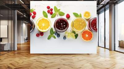 Flat lay composition with different sweet jams and ingredients on white wooden table Space for text. copy space available Wall mural