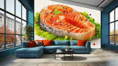 Fresh cooked delicious salmon steak with spices and herbs Salmon fillet with creamy ptitim parmesan cheese parsley and lettuce Healthy seafood food Wall mural