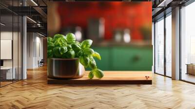 Fresh green basil in pot on countertop in kitchen Space for text. copy space available Wall mural