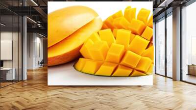 Fresh organic sweet cut mangoes with an isolated white background Close up shot of chopped organic mango fruit Mangoes Tropical Fruits On an isolated background with Copy space Wall mural