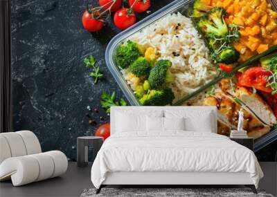 Healthy green meal prep containers with chicken fillet rice brussels sprouts and vegetables overhead shot with copy space Dinner in lunch box Top view Flat lay. Copy space image Wall mural