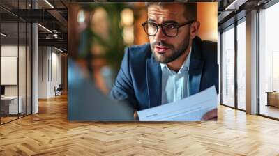 HR manager looking suspiciously at job candidate reading cv resume of male applicant Skeptic woman is unpleasantly surprised by no good results Bad first impression reject View over the shoulde Wall mural