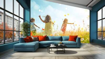 Joyful active childhood Playful kids playing on playground Children having fun in summer Young tourists spending actively time. Copy space image. Place for adding text or design Wall mural