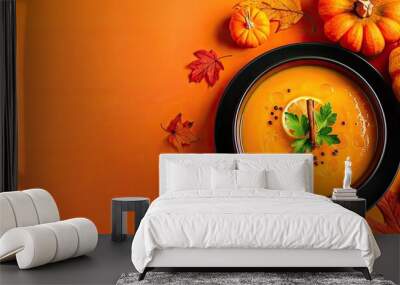 Modern autumn vegetable soup with pumpkins on an orange backdrop perfect for your design with ample copy space image Wall mural