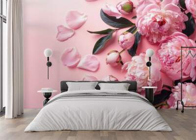 Pink peonies bouquet on romantic love-themed copy space image. Wall mural