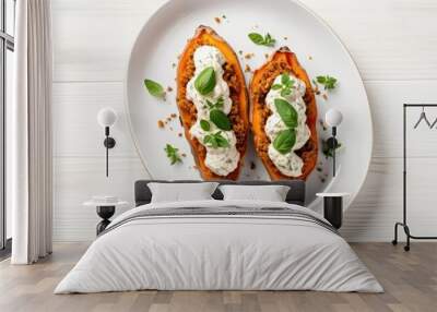 Plate with stuffed sweet potatoes served on white wooden table top view Space for text. copy space available Wall mural