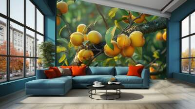 Ripe fruits of the apricot tree on a branch with leaves in an orchard Fruit harvest Wall mural