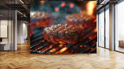 Some patties of ground meat with a flame in the front on cooking grate Wall mural