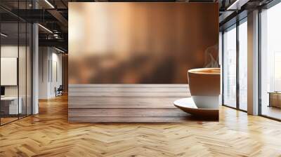 The interior of a coffee shop features a coffee cup on a table leaving empty space for text or images. copy space available Wall mural