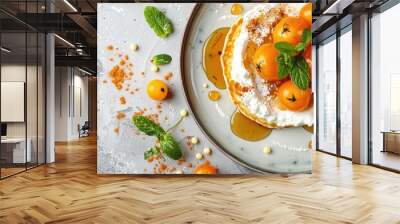 Top down view of delicious cottage cheese pancakes topped with physalis honey yogurt and mint on a ceramic plate creating a visually appealing copy space image for a healthy breakfast Wall mural