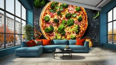 Top view of low carb pizza with broccoli tomato paste ham and cheese Wall mural