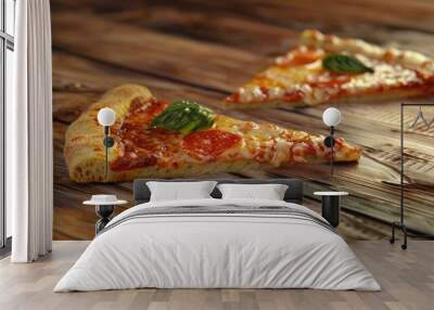 Two pieces of pizza with topping on a wooden table Wall mural