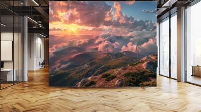 Wind power plants at a mountain ridge with dramatic weather and sky during sunset Wall mural