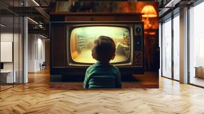  Child boy sitting on a floor and watching retro television in old style room, back view Wall mural