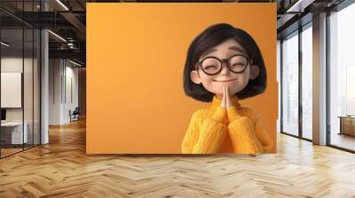 3d girl character with short black hairs, closed eyes joined hand together on isolated yellow background with space for copy Wall mural