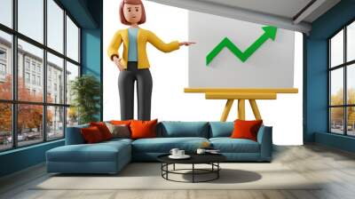 3d illustration of business woman pointing to presentation board with business growing chart isolated on white background. 3d female character in formal wear pointing to the board with chart. Wall mural