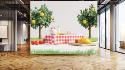 3d picnic tablecloth with food and drinks on the meadow with garden trees and grass Wall mural