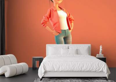 3d stylish girl character standing in funny pose and wearing sunglasses on isolated red background Wall mural