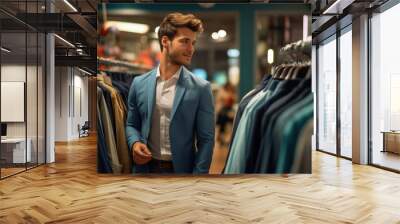 Close up young business man choosing suit in a clothes store Wall mural