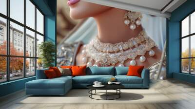 Closeup woman beauty model in wedding jewelry set Wall mural