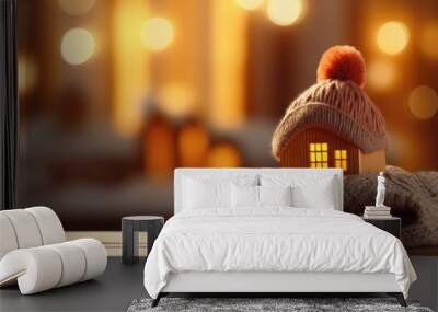 Figure of house and warm clothes on table against blurred bokeh lights. Home heating, money and energy saving concept Wall mural