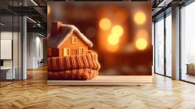 Figure of house and warm clothes on table against blurred bokeh lights. Home heating, money and energy saving concept Wall mural