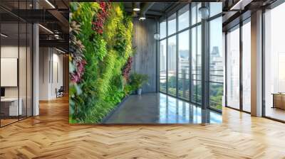 Green living wall with perennial plants in modern office space with big windows Wall mural