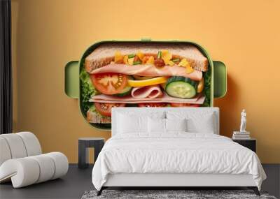 Lunch box with sandwich and vegetables top view angle on isolated background generative ai Wall mural