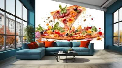 Pizza with pizza slice and food pieces floating in the air on white background Generative AI Wall mural