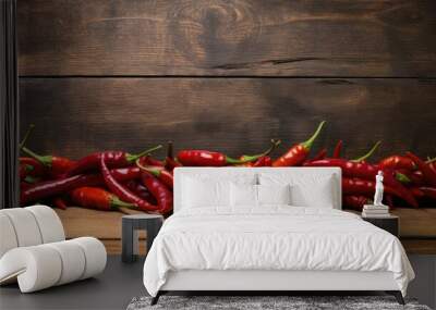 Red hot chili peppers on a brown wooden table Wall mural