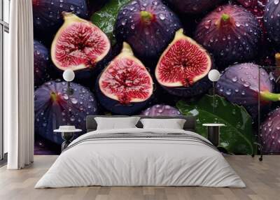 Red purple fig fruits background with drops of water generative ai Wall mural