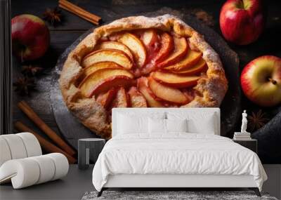 Rustic apple galette with cinnamon on the dark table, top view angle Wall mural