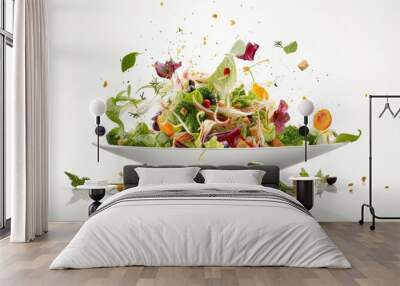 Salad with ingredients and food pieces floating in the air on white background Generative AI Wall mural