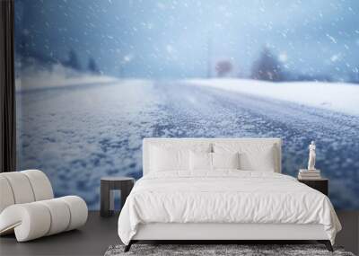 Snowy blizzard on the highway road in a winter time Wall mural