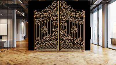 Decorated steel gates vector illustration. Golden on black background Wall mural