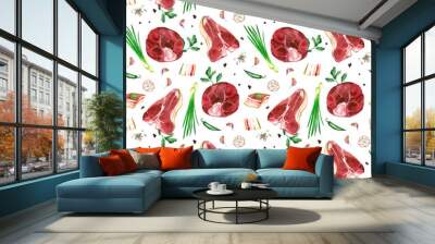 Seamless pattern on the theme of cooking. Meat steaks, bacon, garlic, green onions and peppers on a white background. All elements are hand-drawn in watercolor. For menu, books, printing, design. Wall mural