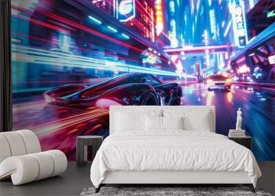 Futuristic car racing through a neon city at night Wall mural