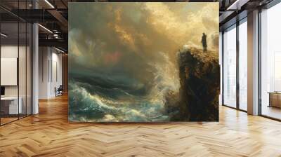 Person standing on a cliff overlooking a stormy sea for inspirational or nature themed designs Wall mural