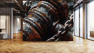 Rusty metal chain and lock on a dark wooden surface Wall mural