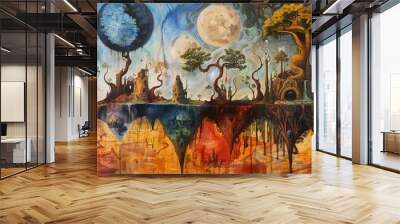 Surreal fantasy painting with a gothic castle, trees, and moons for mystical or magical designs Wall mural