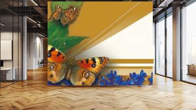 Two butterflies on a green leaf with a gold and white background. Wall mural