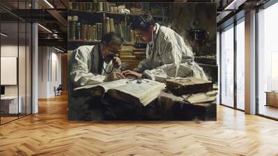 Two doctors reading an ancient book in a historical setting Wall mural