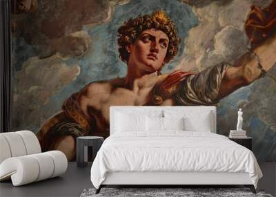 Vintage painting of a mythological god with gold crown in a cloudy sky Wall mural