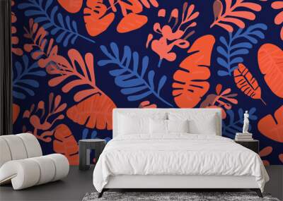 Abstract background with leaves and flowers in Matisse style. Seamless pattern with Scandinavian cut out elements Wall mural